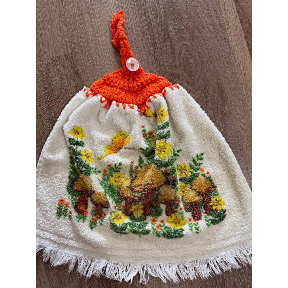 Vintage Mushroom Floral Terry Cloth Hand Towel w/ Crocheted Orange Top Loop 70s